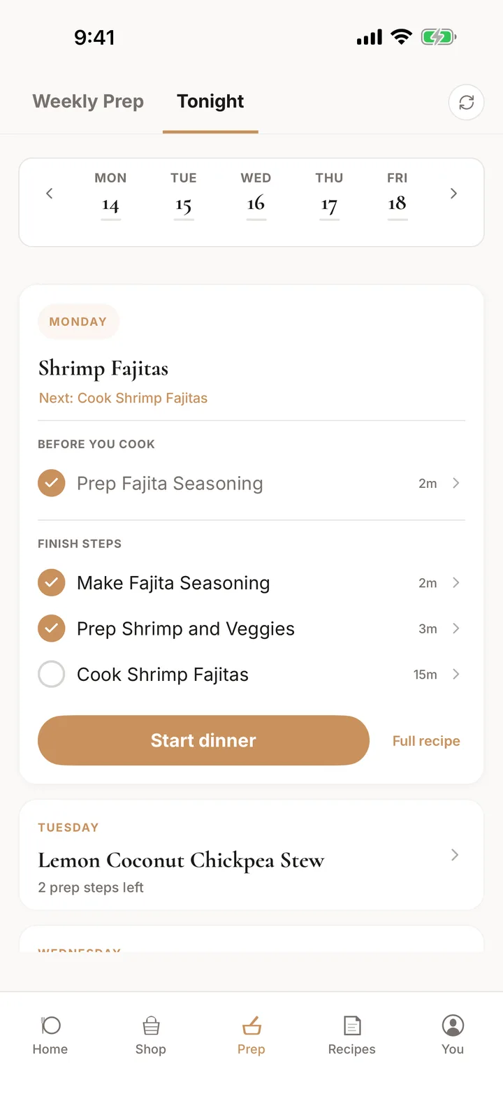 rootd on iOS showing Shrimp Fajitas in Tonight with the prep checked off and only the 15 minute cook left
